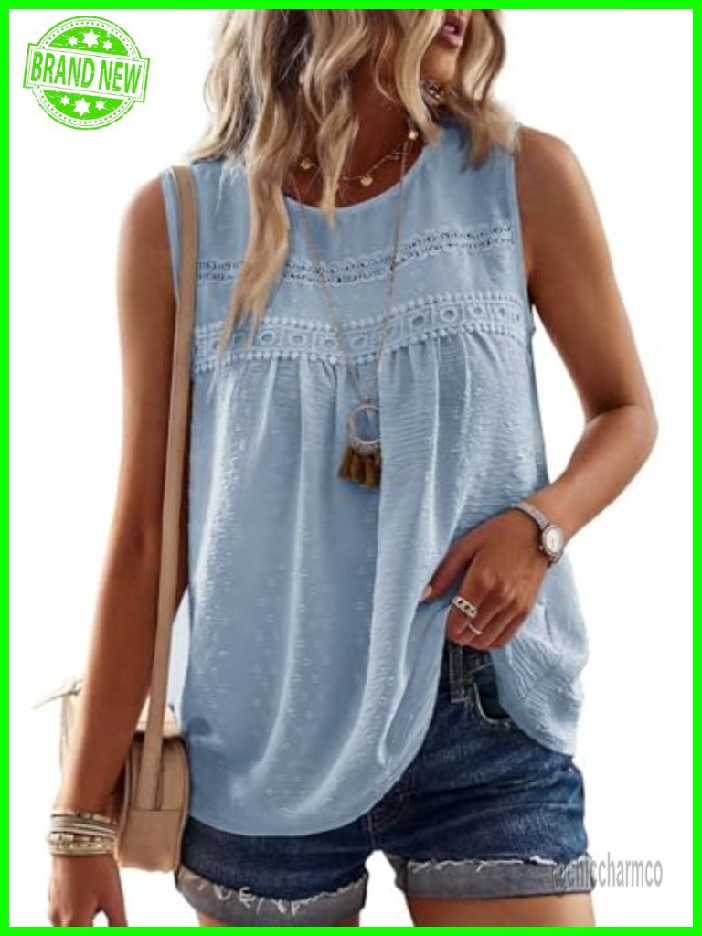 Crewneck Sleeveless Tank Top Boho Lace Blouse Flowy Fit Casual